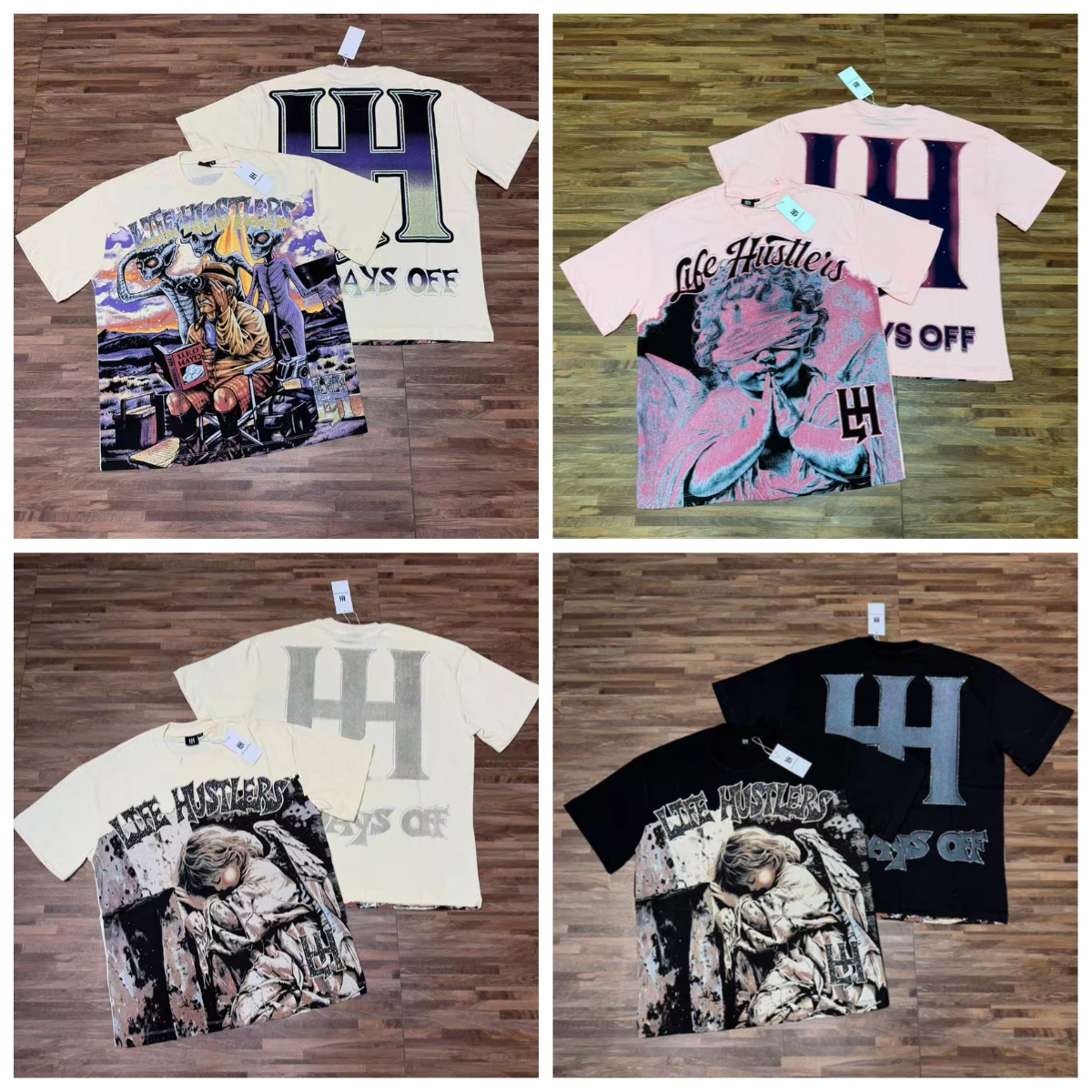 Europa Amerika Streetwear Life Hustlers T-Shirt Hochwertiges Hip-Hop-Bulldoggenmuster Strass-Kurzarmshirt für Männer und Frauen – Detail 1