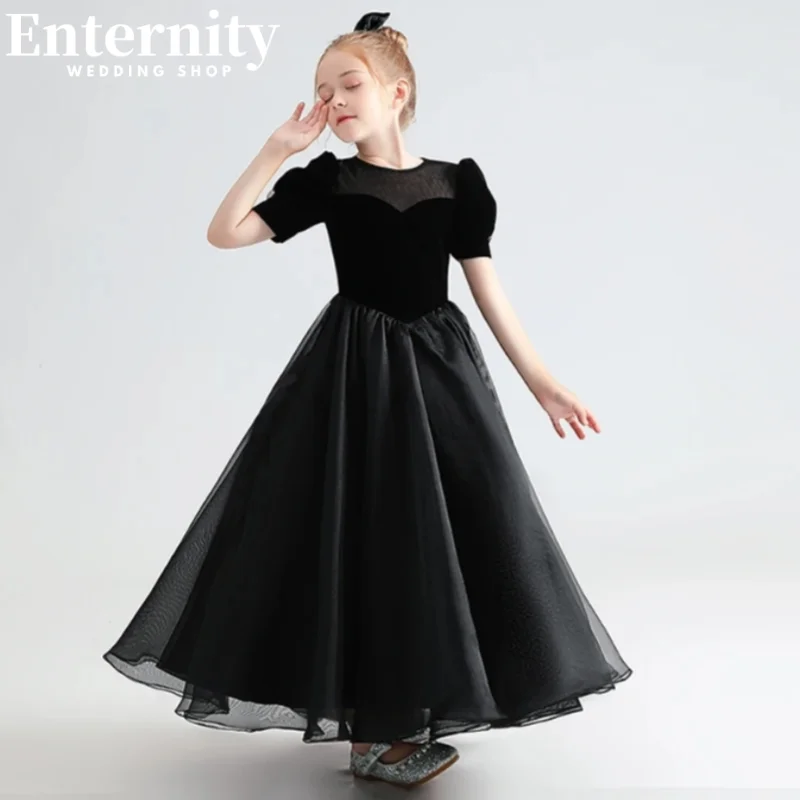 Robe de Soirée d'Anniversaire en Velours Côtelé et Tulle pour Fille, Tenue de Demoiselle d'Honneur, à Manches Bouffantes, Noire