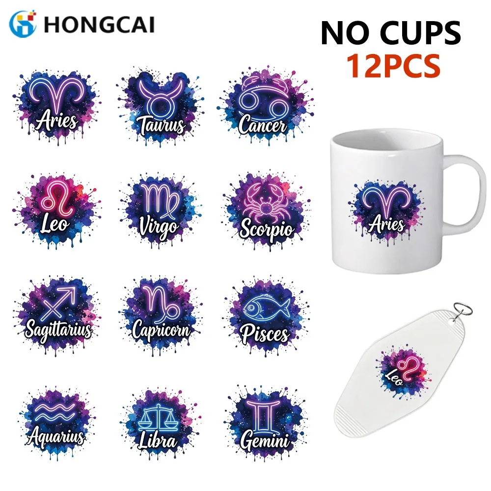 12PCS Personalized Neon Zodiac UV Crystal Transfer Stickers | Waterproof Scrub Resistant, Easy Apply for DIY Mugs & Home Decor