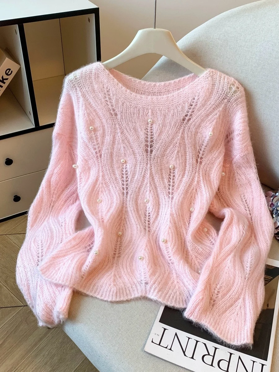 

Свободный вязаный свитер с розовыми бусинами, женский осенний новый дизайн Senation, утягивающий хлопковый топ, длинный све