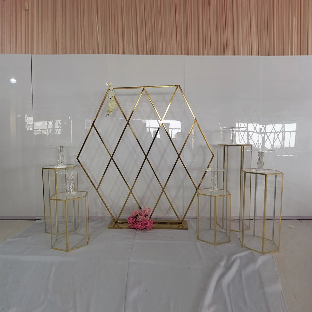 Stainless Steel Shiny Gold Frame Mesh Hexagon Panel Stage Decorative Backdrops For Wedding Events