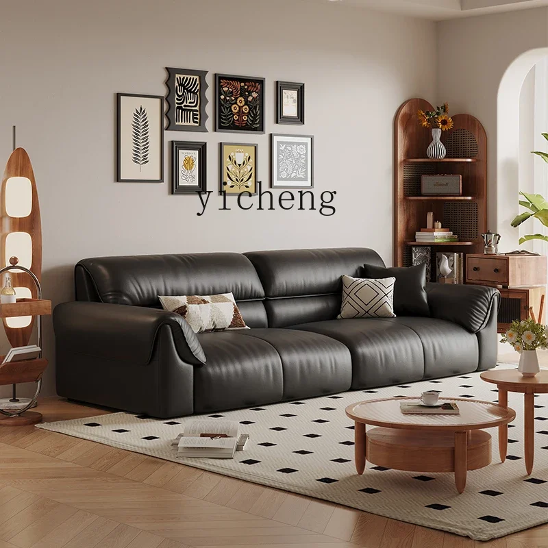 

ZC retro leather sofa antique living room simple straight row black first layer cowhide oil wax leather sofa