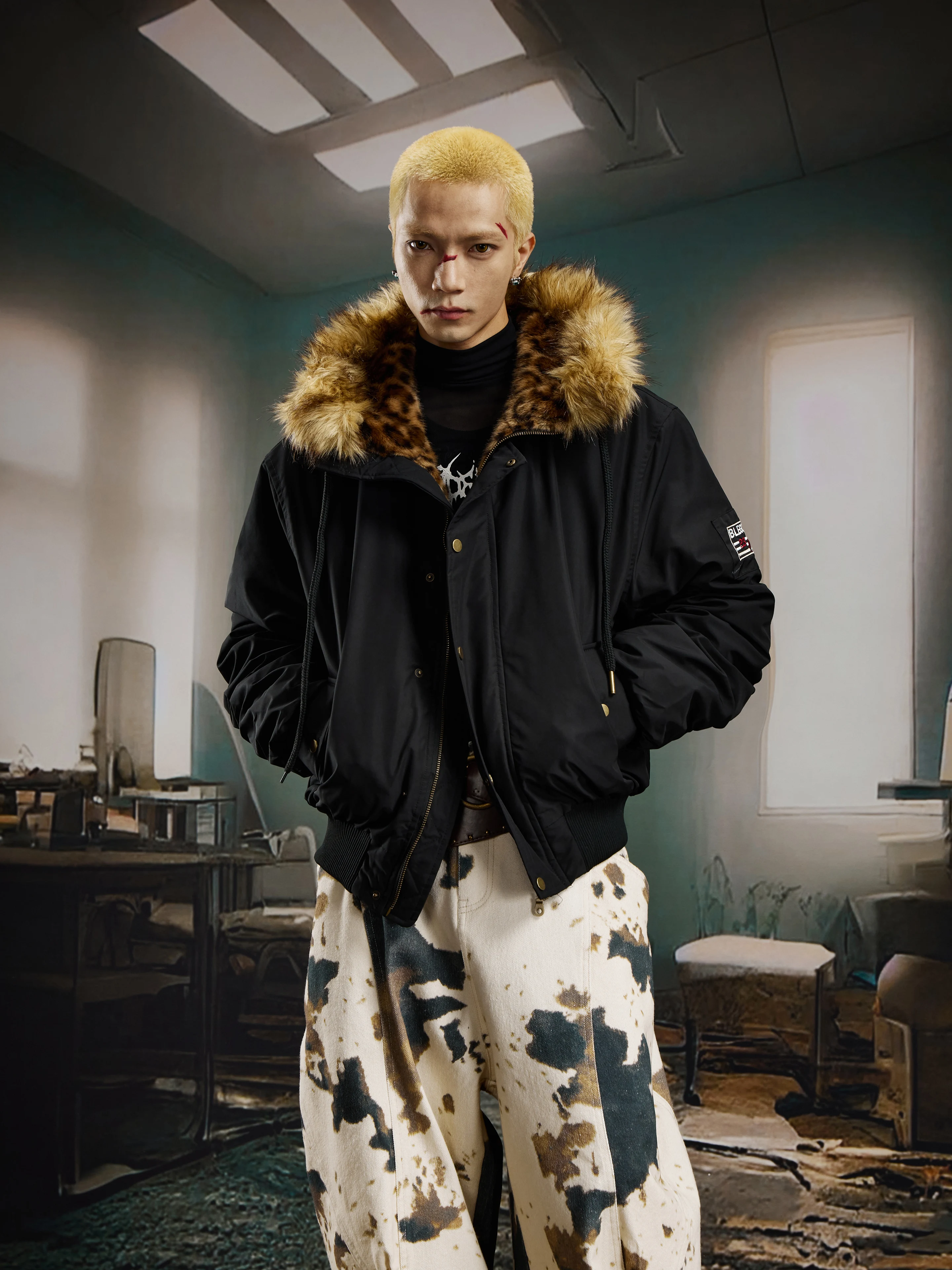 Leopard Splicing Plush Hooded Mountain Carving Puffer Jacket Cotton-Padded Coat Loose All-Matching Top