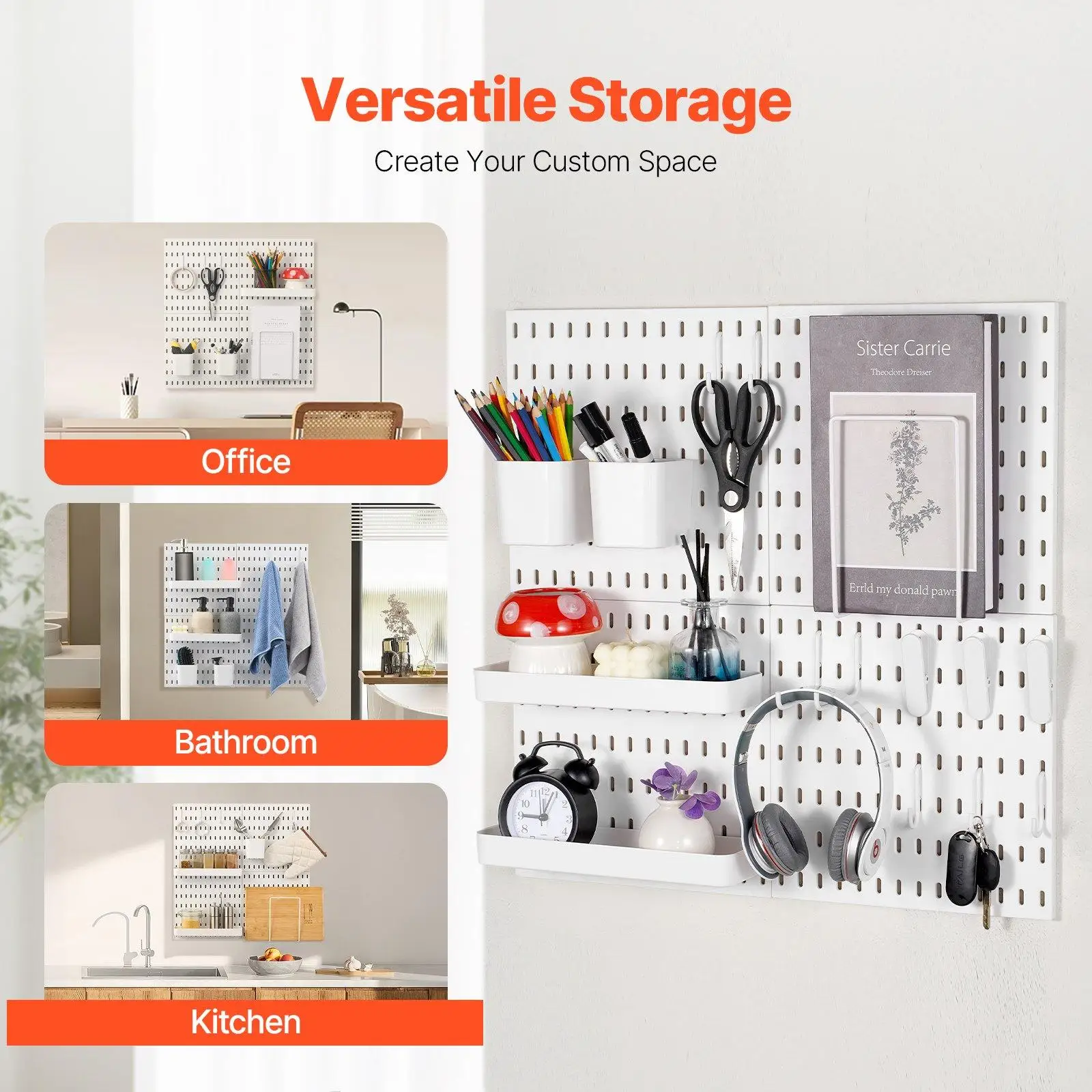 Modular Plastic Pegboard Wall Organizer Combination Kit 11x11 Inch 4 Panels DIY Hole Board Storage Display System for Craft Room Garage Kitchen Tool Organization Home Office Accessories White view 2