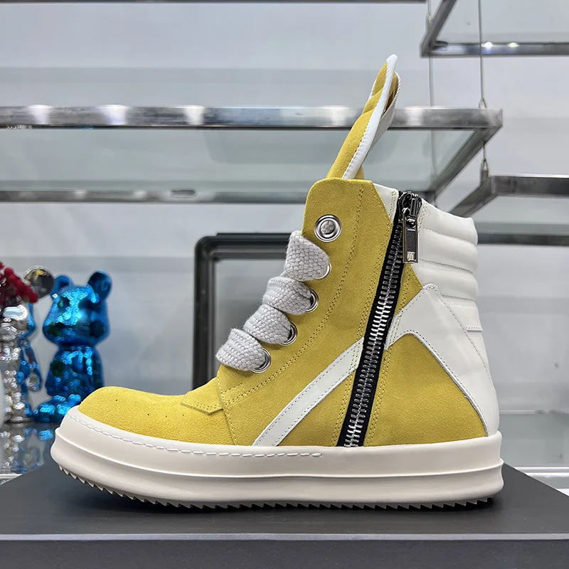 Leather High Top Yellow Shoes Zip Thick Sole Ro Jumbo Lace Up Geobasket Brand Flat Luxury Sneakers Ankle Casual Motorcycle Boots