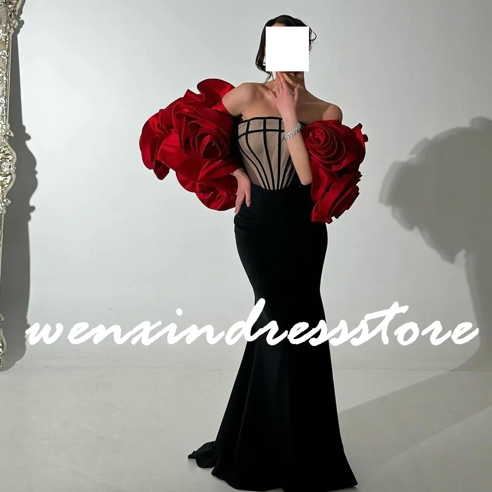 Customized Exquisite Flowers Jersey Off the Shoulder Evening Dress Delicate Strapless Straight 3/4 Sleeves Vestidos De Fiesta