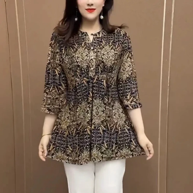 2024 Fashion Gradient Mother Dress Summer New Pattern Loose Display Thin Medium and Long Styles Three Quarter Office Lady Tops