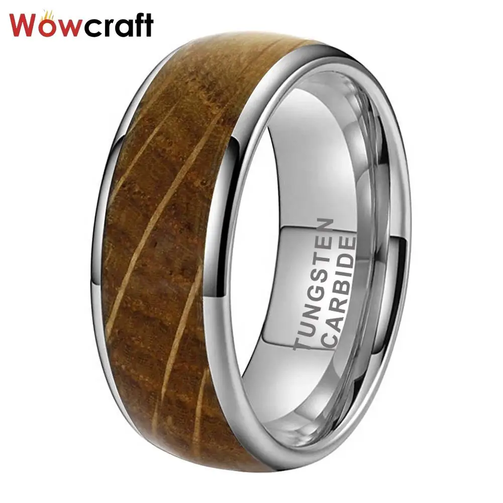 Tungsten Ring For Men Women Fashion Engagement Wedding Band Whisky Barrel Oak Wood Inlay Domed Comfort Fit