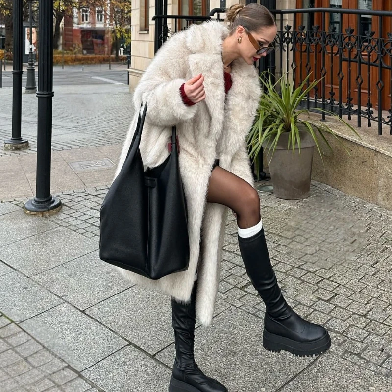 TARUXY Luxury Fox Fur Coat Women's Suit Collar Long Sleeves Loose Keep Warm Faux Fur Long Coat Winter High Street Fashion Jacket