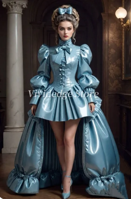Maßgeschneidertes blau glänzendes viktorianisches Ballkleid mit Blasenärmeln, Stehkragen, Korsett, Riemchen hinten vorne, kurzes, hinten langes Abendkleid