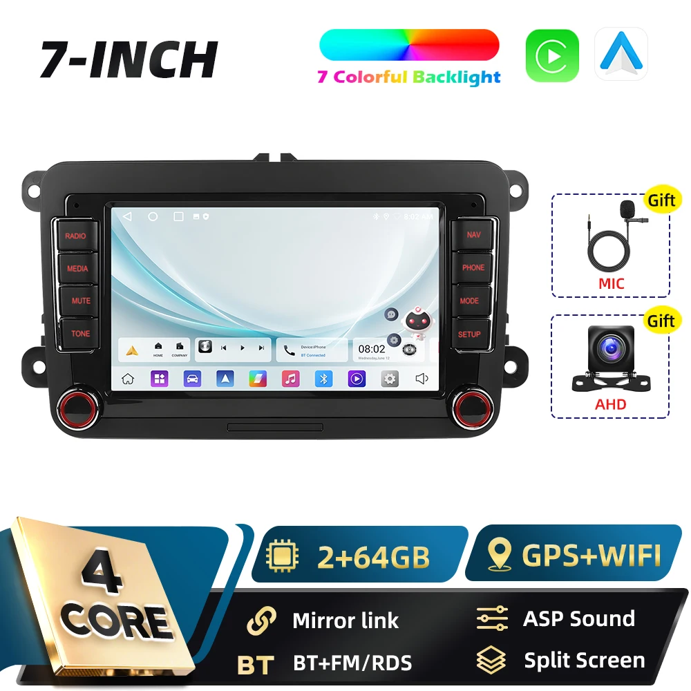 Podofo 7-Zoll Android 2Din Autoradio für VW POLO Seat Altea JATTA PASSAT GOLF mit Carplay, Android Auto, GPS-Navigation, DSP, BT, FM, RDS