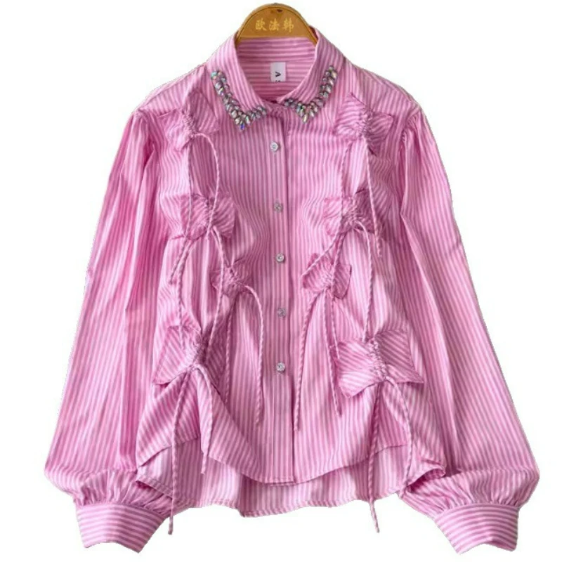 

Pleated Fringed Design Lapel Single-breasted Long-sleeved Shirt Women's Loose Versatile Foreign Style Age-reducing Top Casual