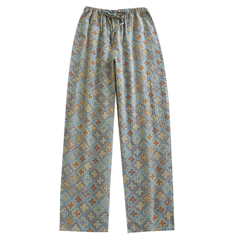 Pantalones de pijama de algodón de doble capa para mujer, ropa de dormir Simple, delgada y transpirable, con estampado de cintura elástica, para otoño