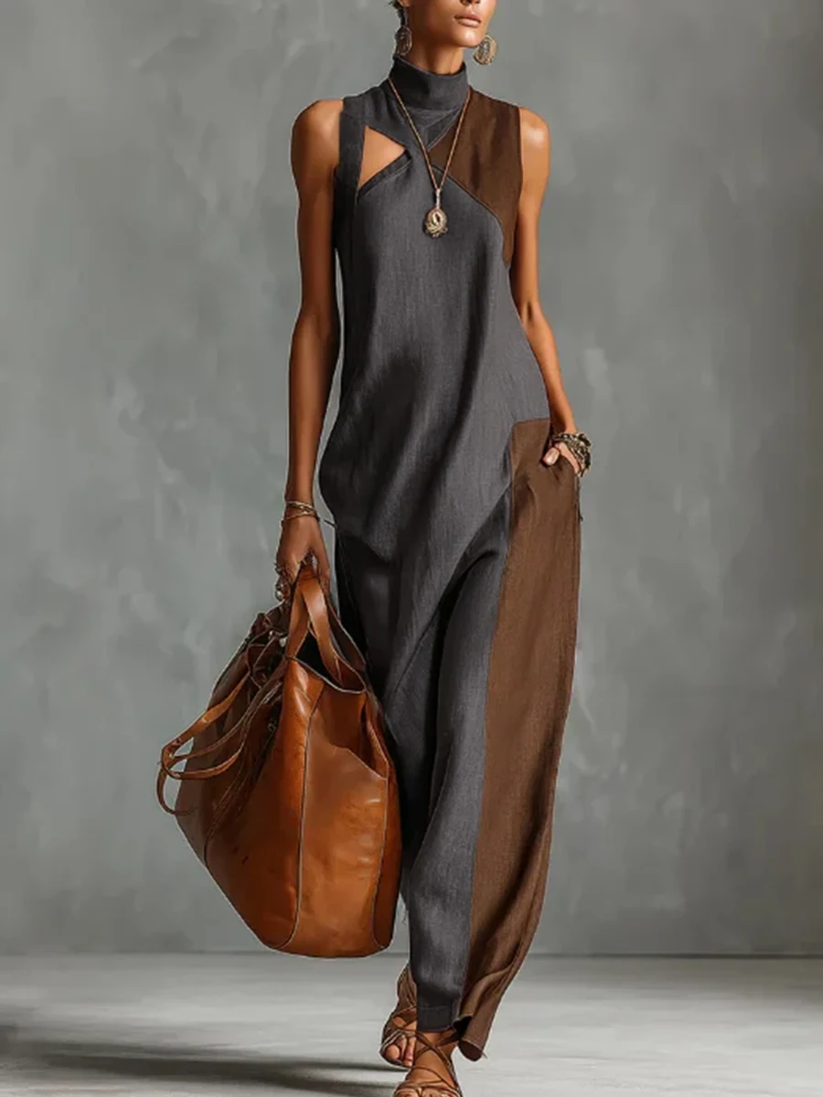 Freeacy 2026 Summer New Grey Brown Color Block Casual Maxi Dress for Women High Neck Sleeveless Cutout Casual Vacation Dresses