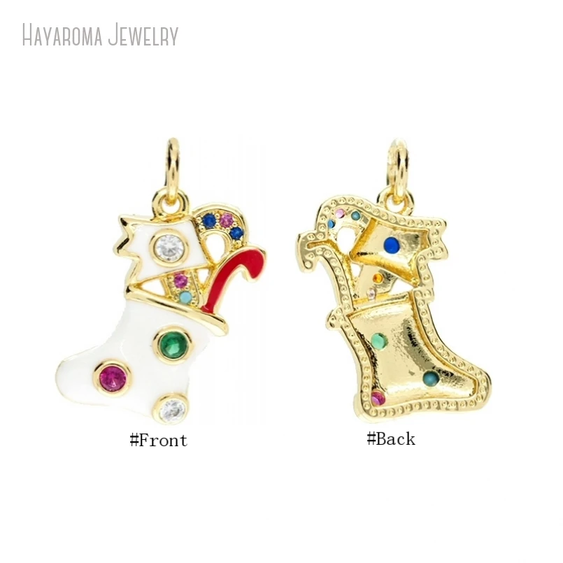 10Pcs Wholesale Enamel Gold Color Copper Metal Cubic Zirconia Jewelry Invisible Setting Christmas Stocking Charms PM53237
