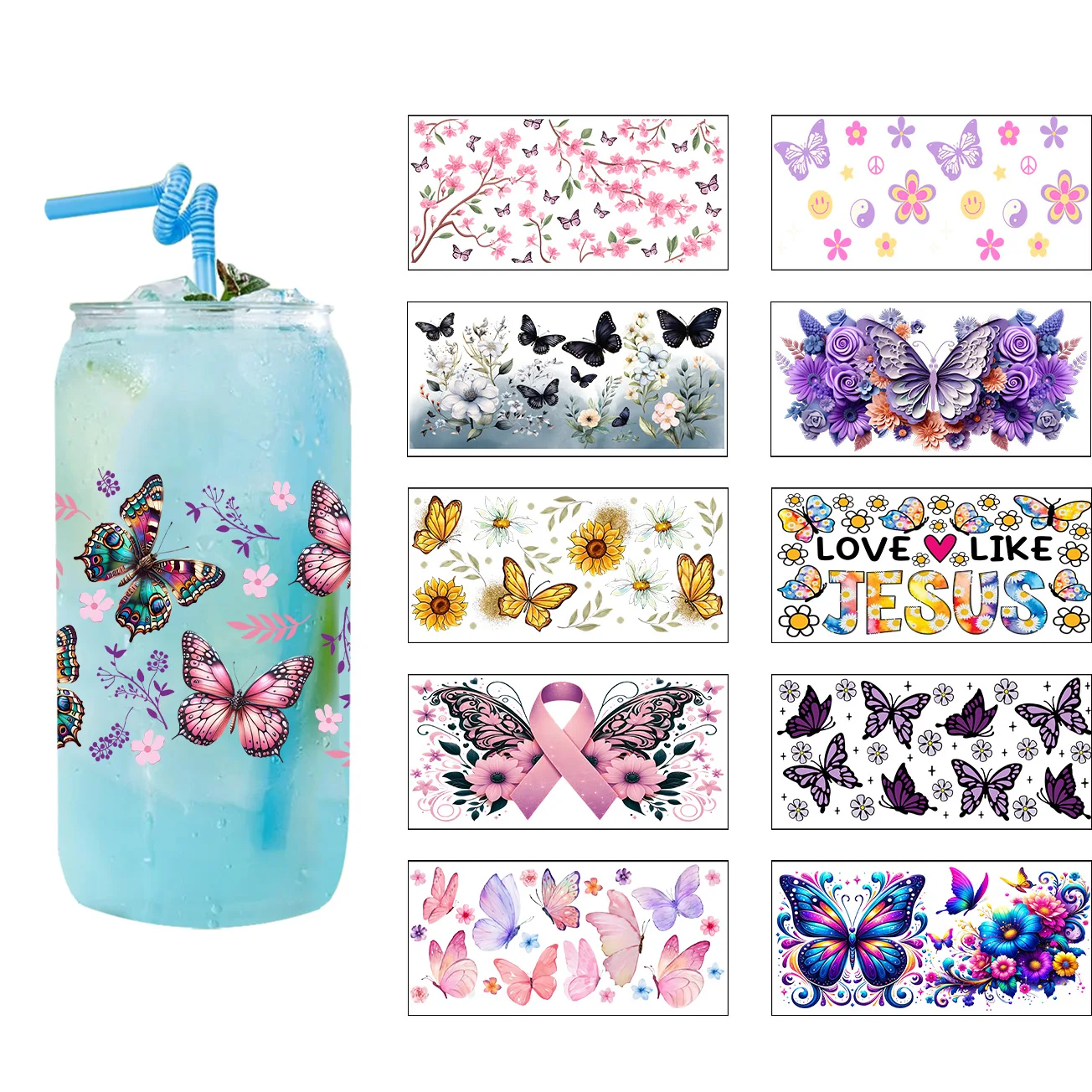 Botanical Butterfly Art 3D UV DTF Cup Wrap For 16oz Libbey Glasses Washable DIY Mug Flower 3D Transfer Stickers
