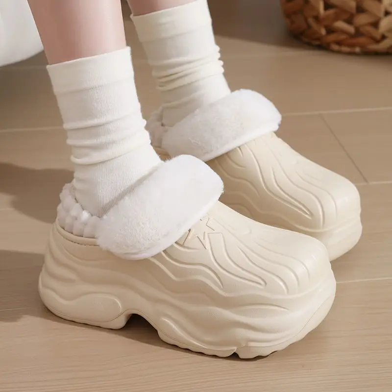 

Fashion Chunky Platform Clogs Slippers Women 2025 Winter Waterproof Cotton Slippers Woman Thick Sole Warm Fluffy Garden Shoes