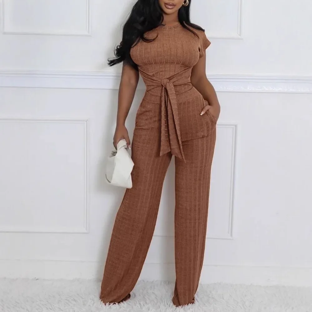 

2 Pieces Outfits Round Neck Short Sleeve Tied Detail Top and Loose Fit Ribbed Pocket Design Pants Sets Women Spring Summer