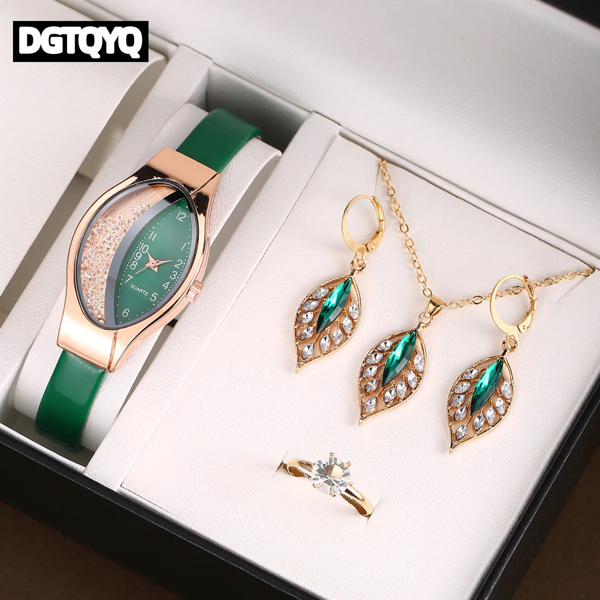5pcs/Sets Women's Ball Shaped Elliptical Quicksand Watch Leaf Jewelry Set Luxury Rhinestone Leather Band Wristwatch Girl's Gift