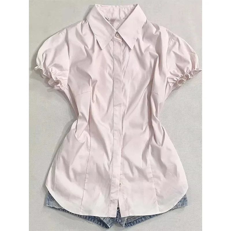 

Рубашки с коротким рукавом, женская винтажная блузка из мягкого хлопка, свободный крой, на пуговицах, с отложным воротником, повседневная элегантная офисная женская блузка