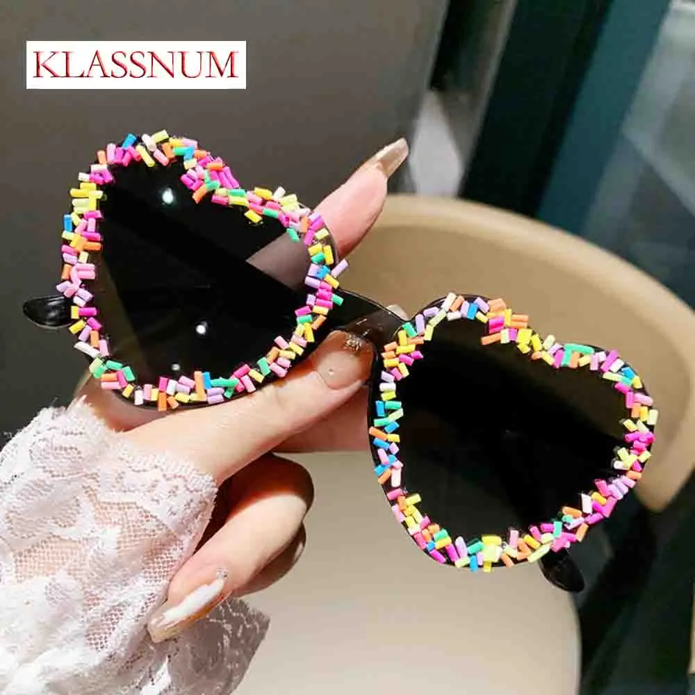 

KLASSNUM Sweet Candy Sprinkles Heart Sunglasses Women Cute Birthday Gift Sun Glasses Female Kawaii Party Funny Shades UV400