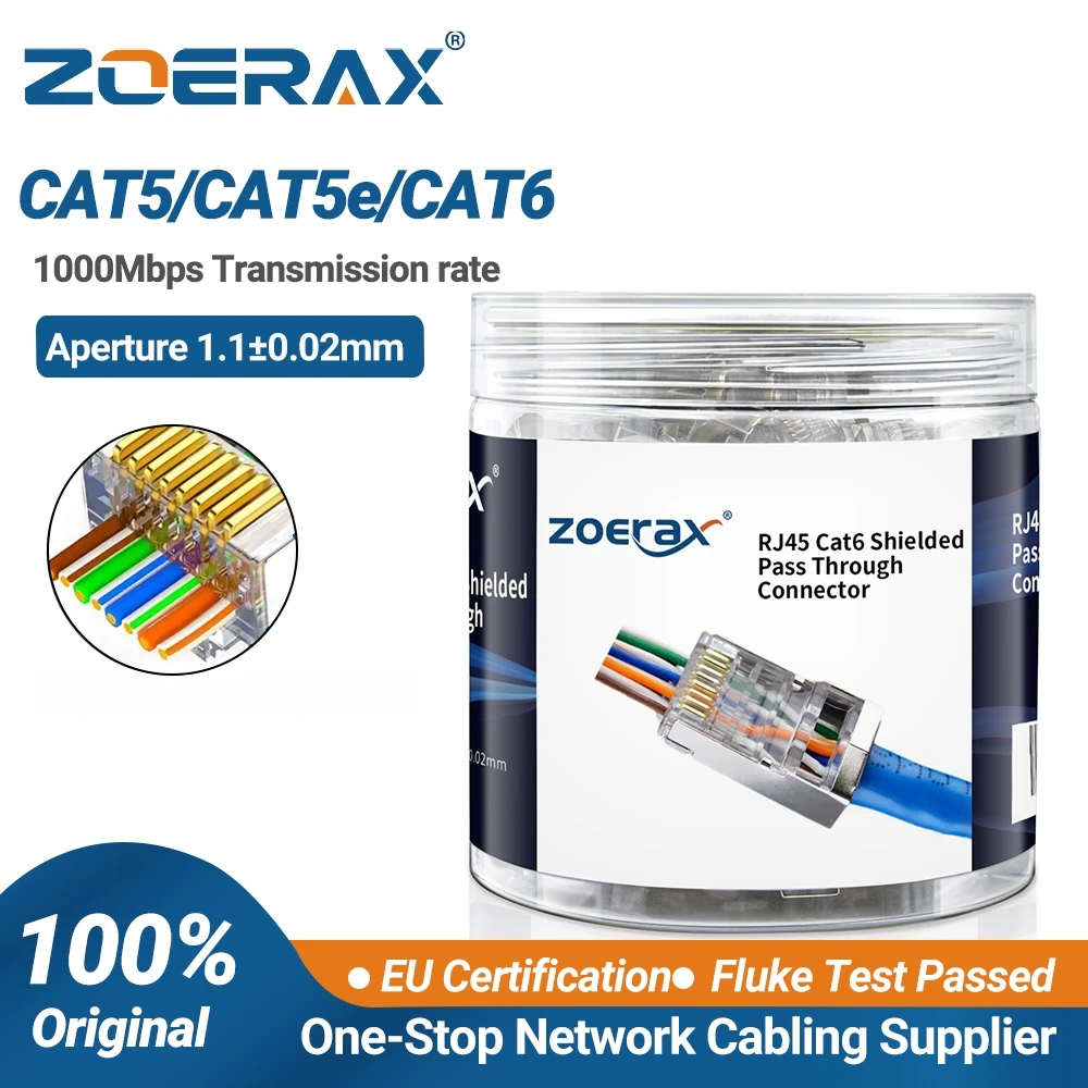 ZoeRax 100-Pack RJ45 Cat6 Pass Through Connector Shielded RJ45 Modular Plugs 1.1mm Hole for Solid or Stranded UTP/STP Cable