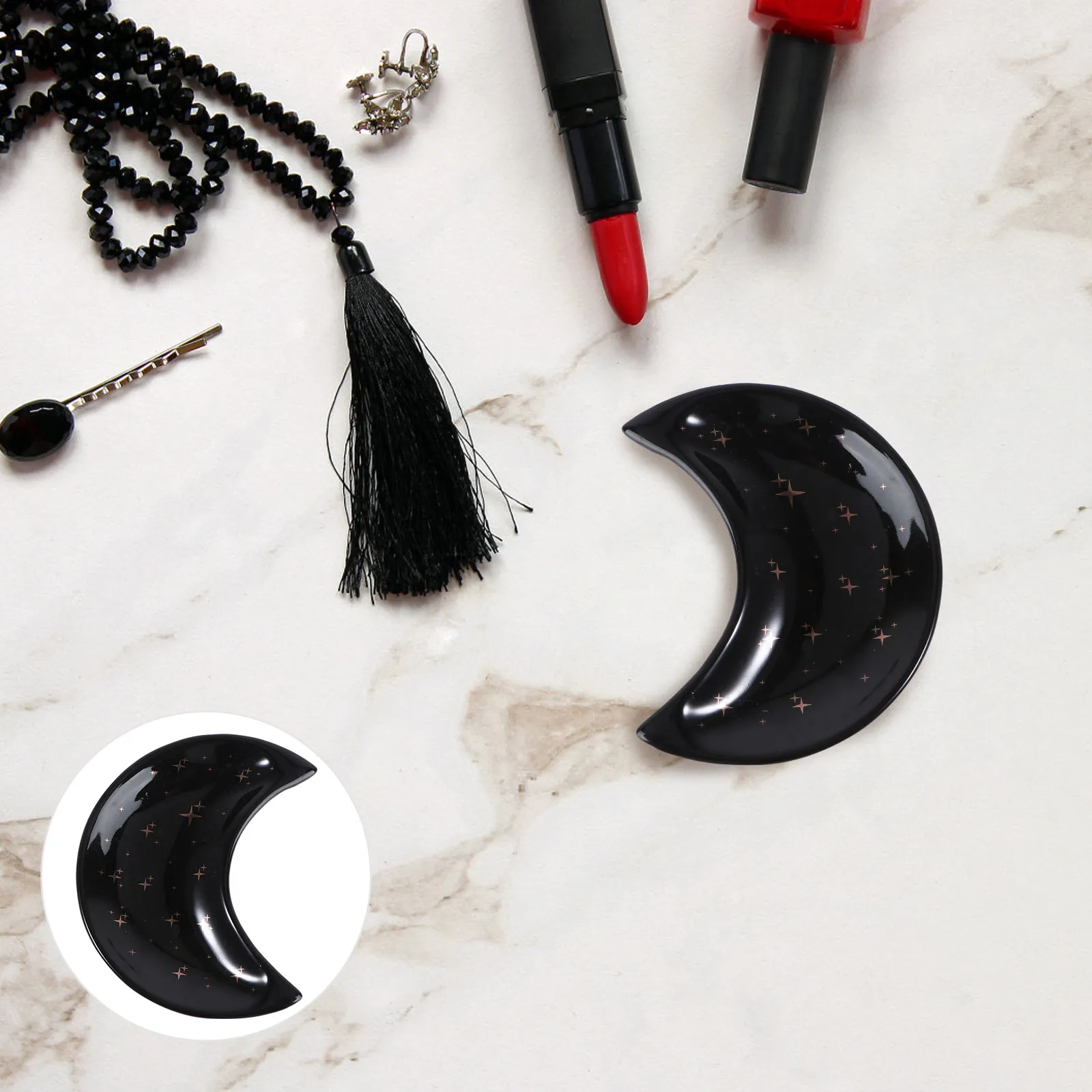 1Pcs Black Ceramic Jewelry Holder Moon Shaped Lightweight Easy to Move Desktop Jewelry Organizer for Rings Bracelets Earrings