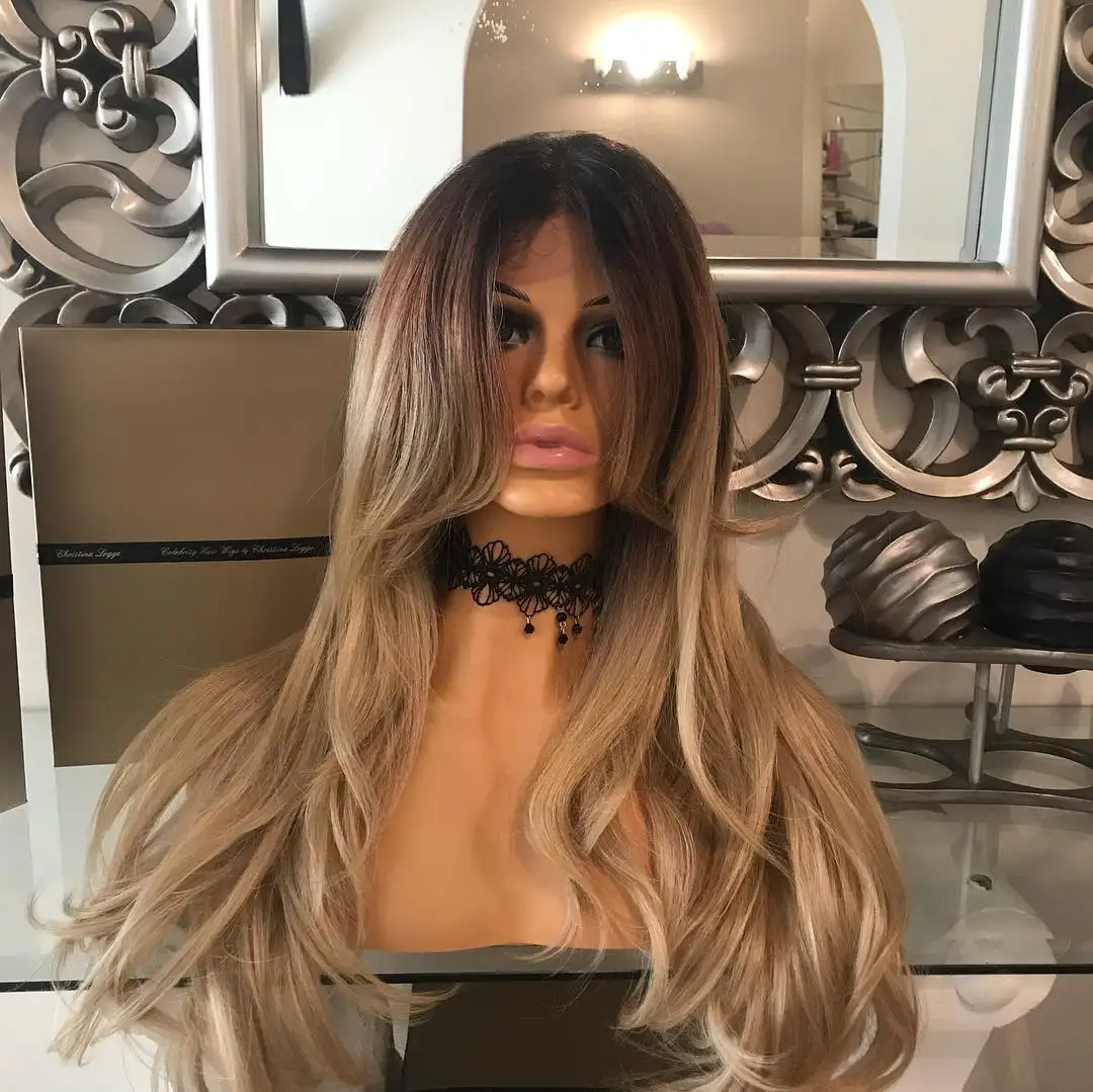 

Ombre wig Dark Roots Gold Brown Honey Glueless Wig women Daily Use Long Natural Wavy Lace Front wig High Density