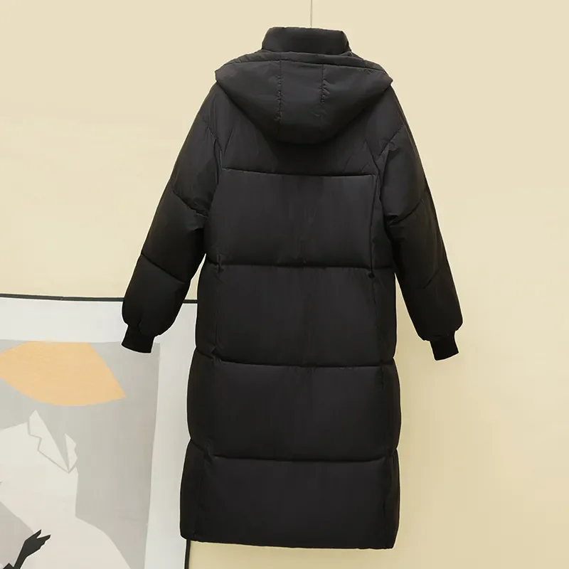 Women Clothing Parkas Loose Long Padded Jacket Winter Black Hooded Thick Down Cotton below the knees Coat