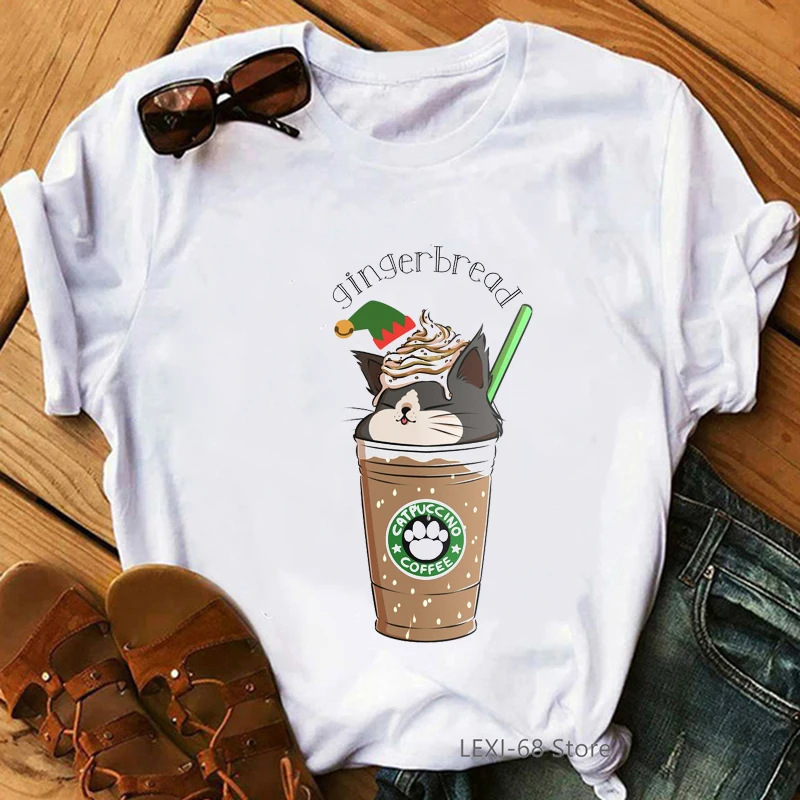 Cute Christmas cat coffee printed funny animal women t shirts summer top female 90s streetwear tumblr tshirt femme graphic tees