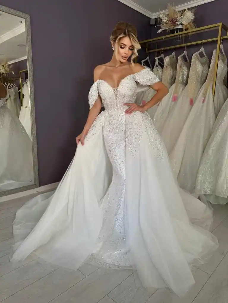 Suknia ślubna księżniczki syreny, cekiny, koronka, suknie ślubne, duży rozmiar, odkryte ramiona, odpinany tren, Vestidos De Novia, szyte na miarę