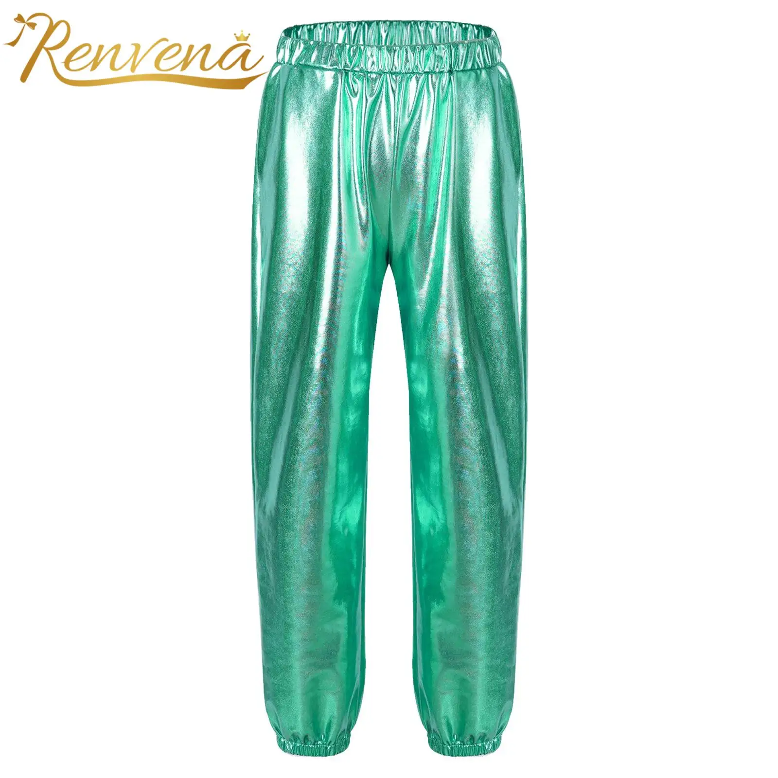 Kid Girls Metallic Elastic High Waist Jazz Dance Pants Hip Hop Trousers Shiny Dancewear Sweatpant Fashion Children's Streetwear