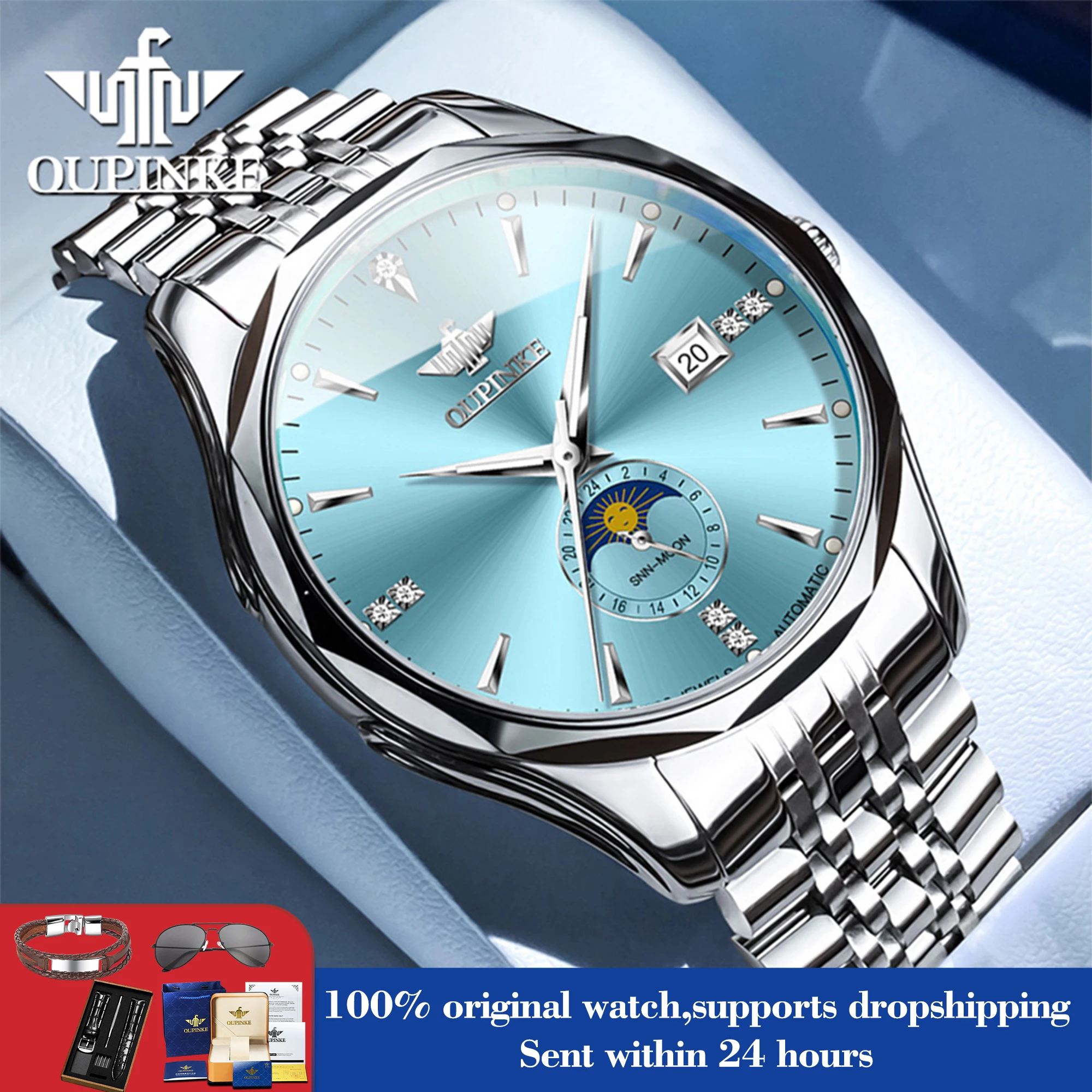 

OUPINKE 3275 Watch Man Auto Date Original Mechanical Watch For Men Waterproof Steel Strap Moon Phase Hand Clock Dress Wristwatch