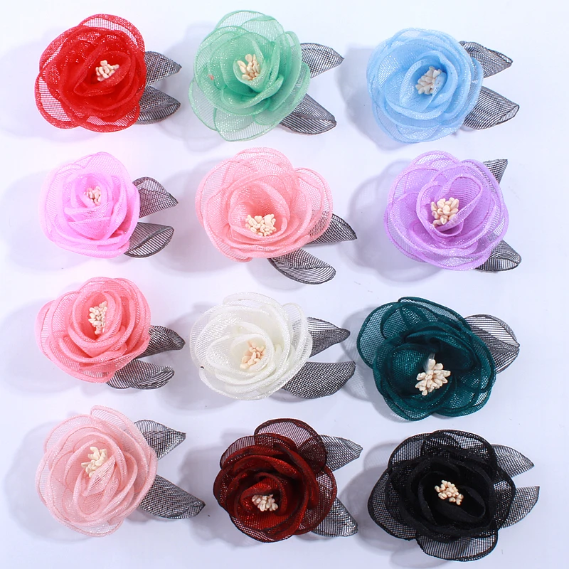 10PCS 5CM Fashion Burned Satin Fabric Flowers With Stamen Silk Flower With Leaf Head Wear Cloth Accessories