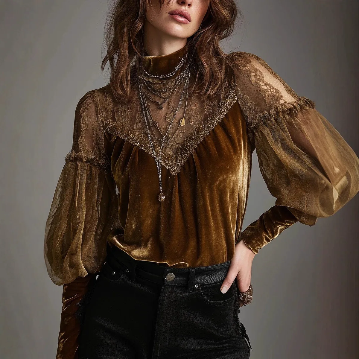 Fashion Women's Velvet Lace Splicing Lantern Long Sleeve Blouse High Neck Elegant Versatile Trendy Casual Commute Daily Wear Top - view 5