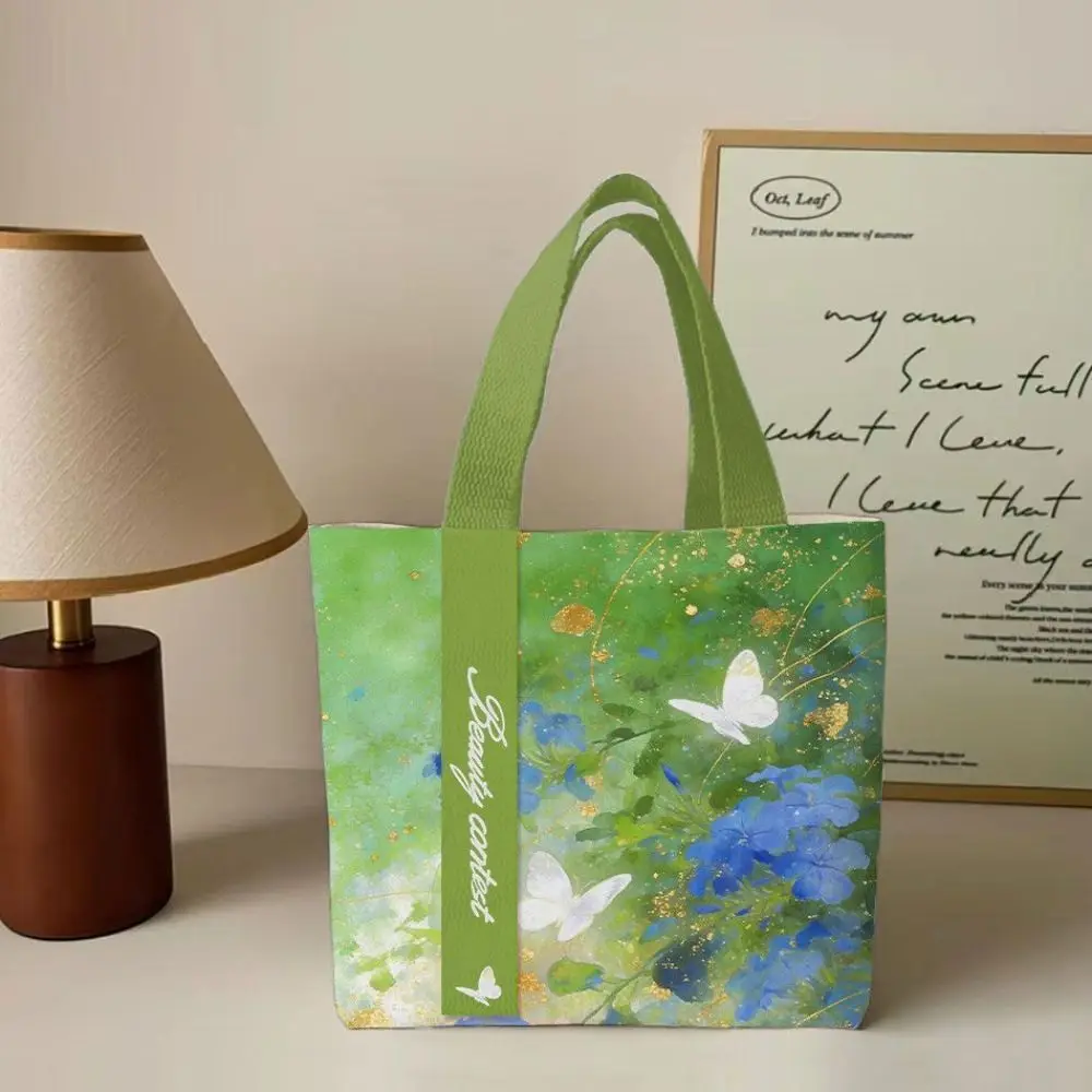 Canvas Canvas Tote Bag Green Large Capacity Floral Tote Bag Oil Painting Style Floral Butterfly Pattern Butterfly Tote Bag