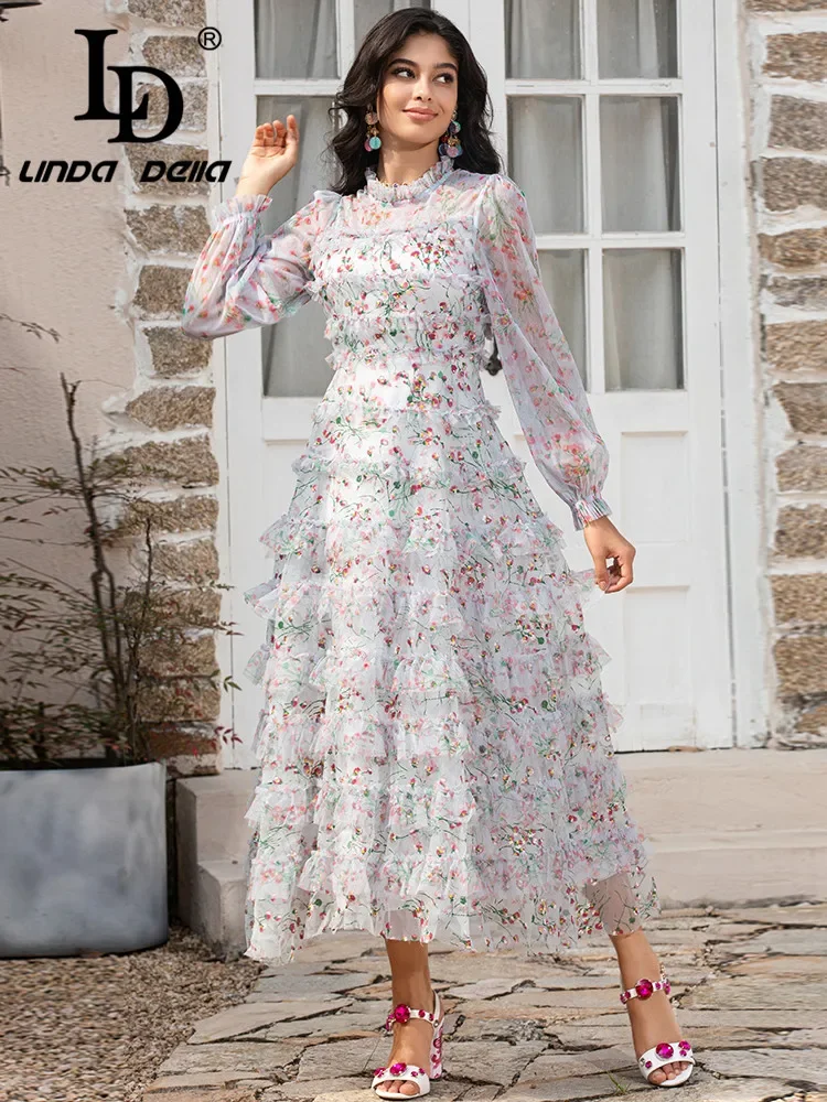 LD LINDA DELLA Designer 2024 New Summer Fashion Mesh Dress Women's Long Sleeve Flowers Holiday Party Long Dress