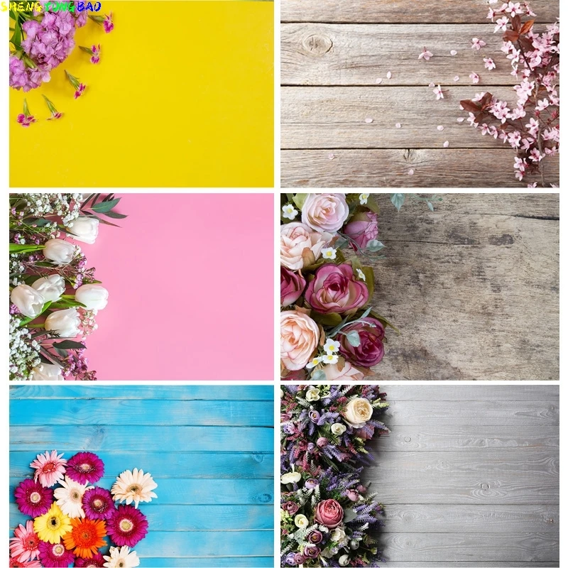 

Vinyl Custom Spring Flowers Petal Wood Plank Photography Backdrops Wooden Pet Photo Background Studio Props Decor MHZ-04