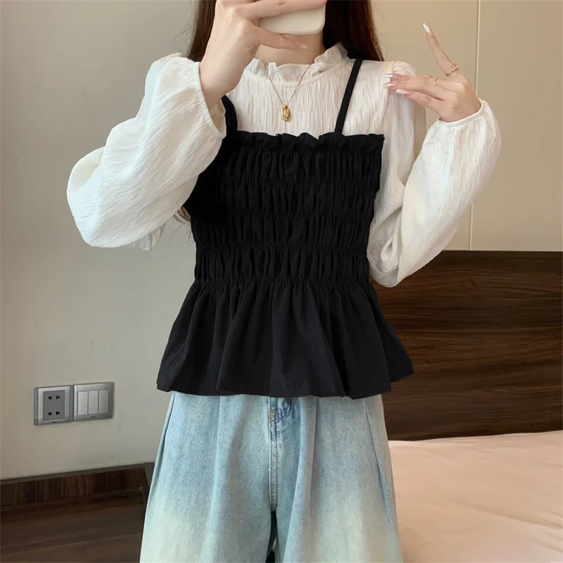 Lotus leaf edge niche shirt for women, autumn chubby sister, slimming off fake two-piece top, T-shirt, long sleeved shirt