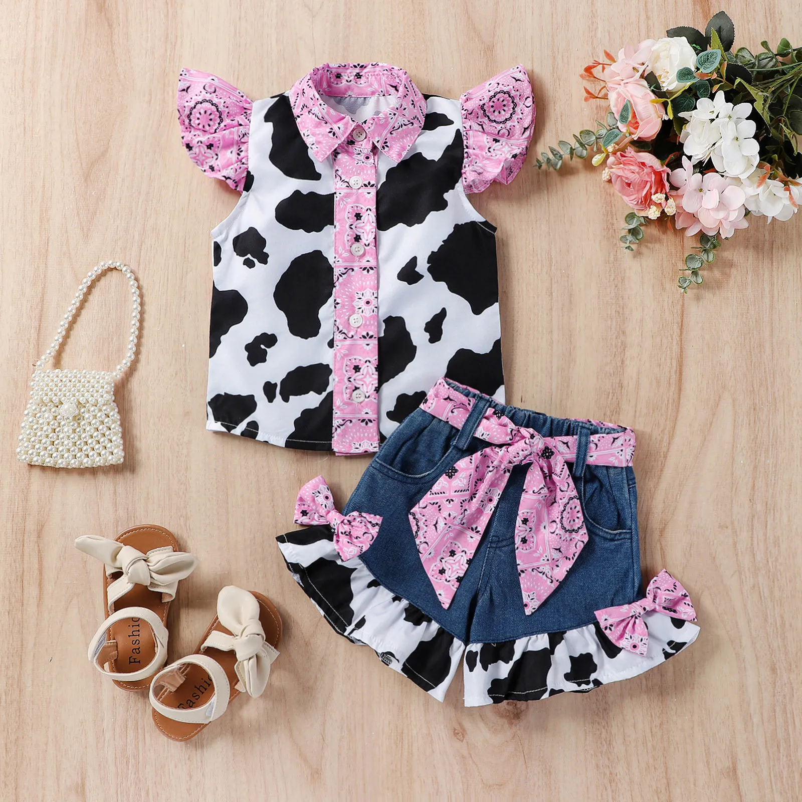 Toddler Girls Clothing Fly Sleeve Cow Prints Tops Bowknot Denim Shorts Two Piece OutfitsFor Kids Baby Clothes 1 2 3 4 5 6 Years