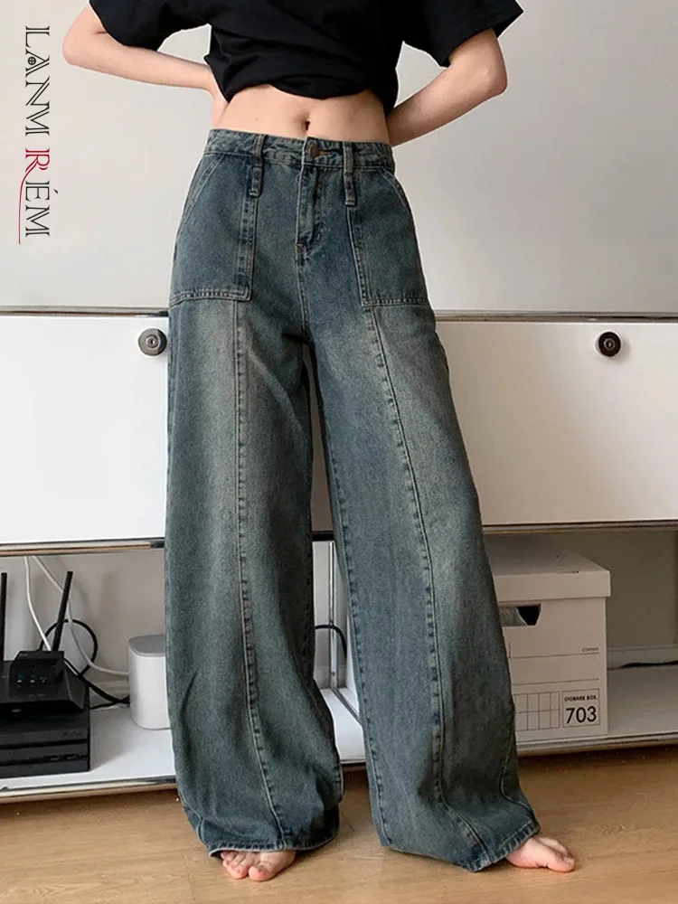 

[LANMREM] Washed Jeans For Women High Waist Straight Wide Leg Denim Pants Fashion Trousers Female 2025 Spring New CP3490