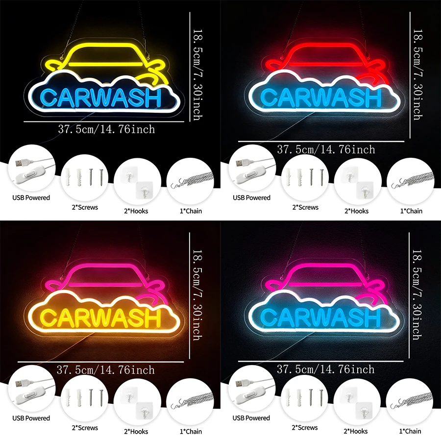 Car Wash Led Neon Sign, Car Service Station Icon, Used For Gas Station Facilities, Detailing The Business Art Decor Of The Store