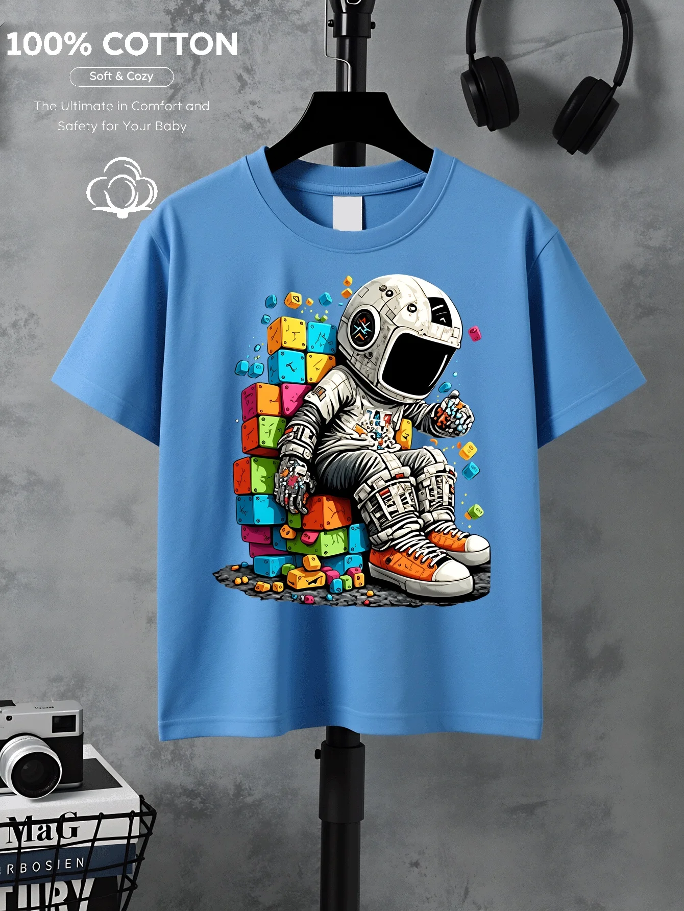 Colorful Building Blocks Space Machine Washing Cartoon  Shirts Men's and Women's Round Neck T-shirts  Parent-child Tops