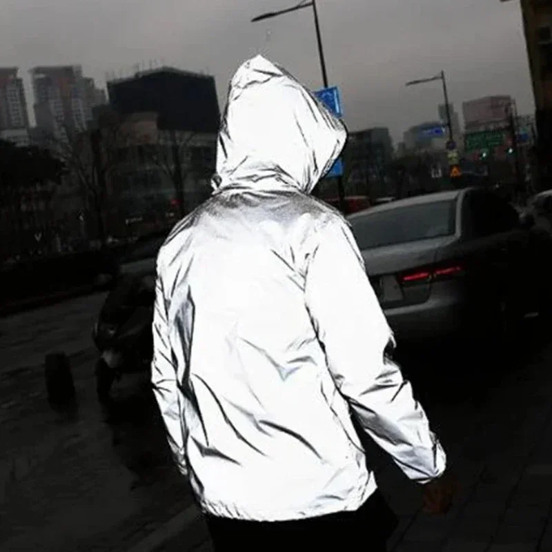 2025 Full Reflective Men's Night Shiny Jackets Women Outdoor Cycling Fishing Windproof Hooded Windbreaker Dancers Party Coats
