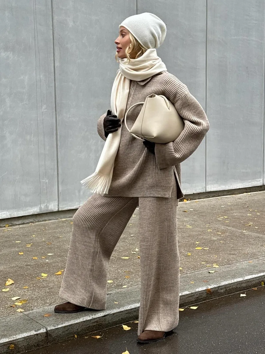 Bornladies Damen-Set mit Kragen, halbem Reißverschluss, Strickpullover und weiter Hose, gerippter Strick, Oversize, Herbst-Winter-Mode-Pullover-Set – Detail 17