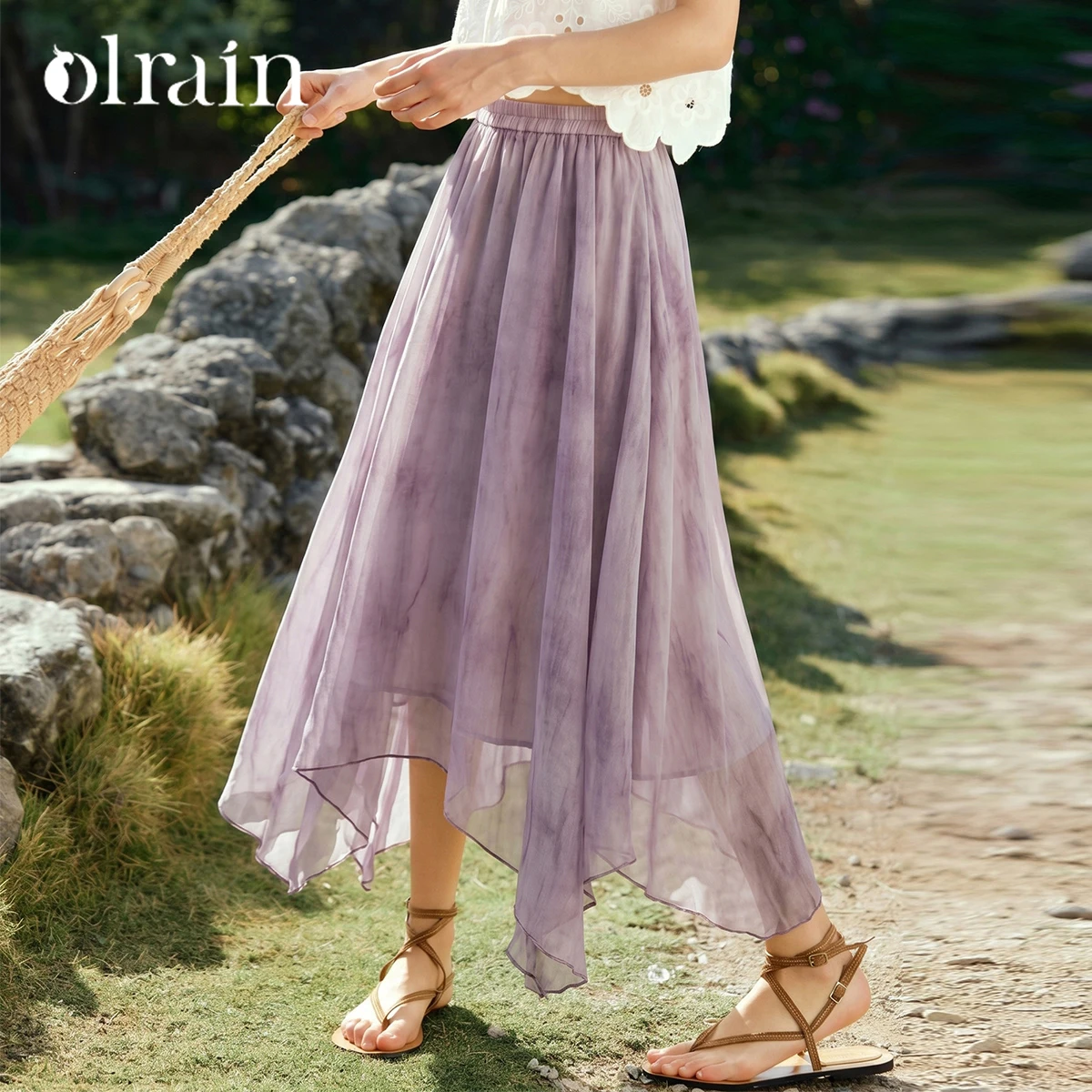 OLrain Asymmetrical Hem A-Line Skirt 2026 Summer Gradient Dye Texture Casual Vacation Loose Long Skirt Women Bottom O58XB003269