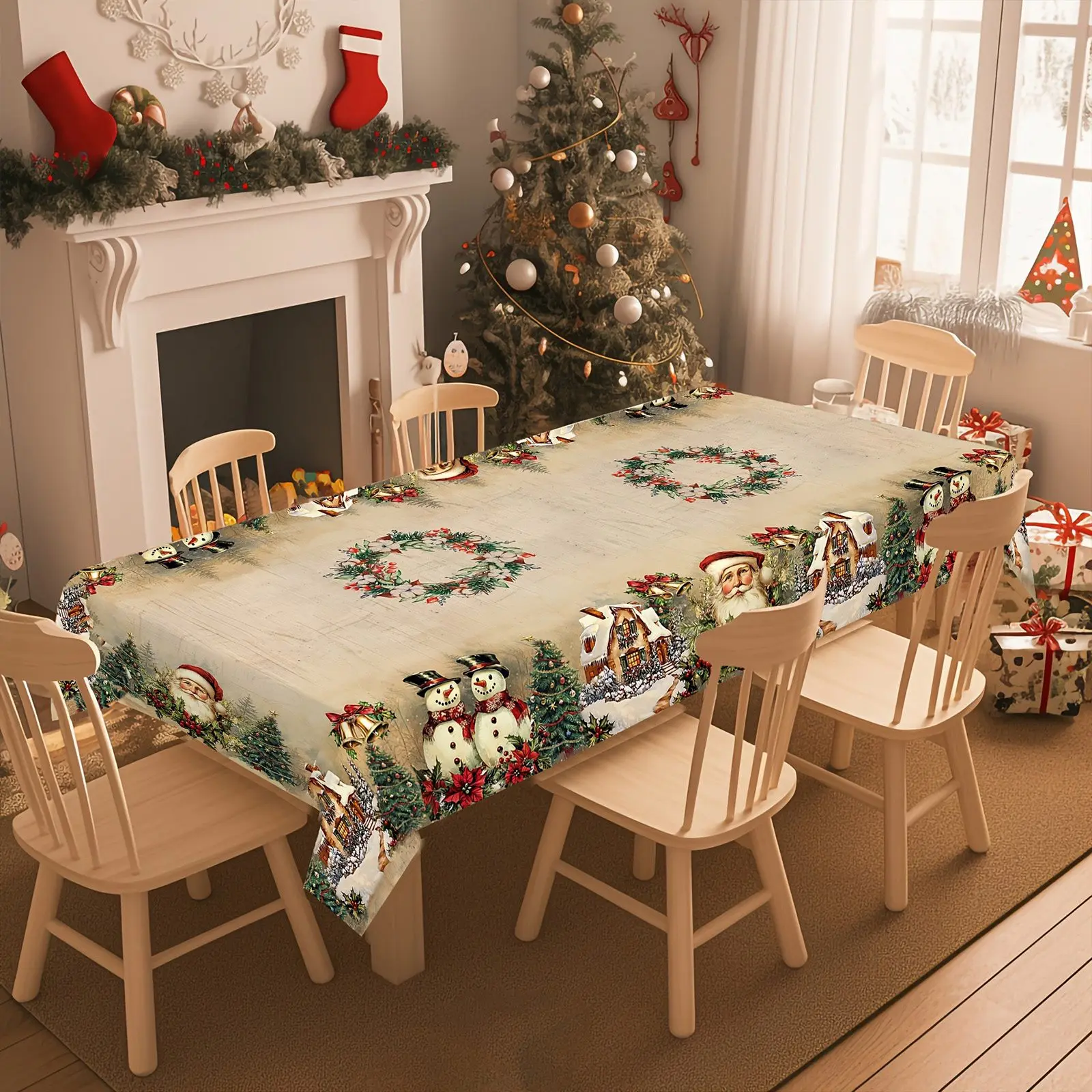 Vintage Christmas Tablecloth Santa Snowman Table Cover Christmas Decorations for Home 2025 Xmas Gifts Navidad Noel New Year 2026