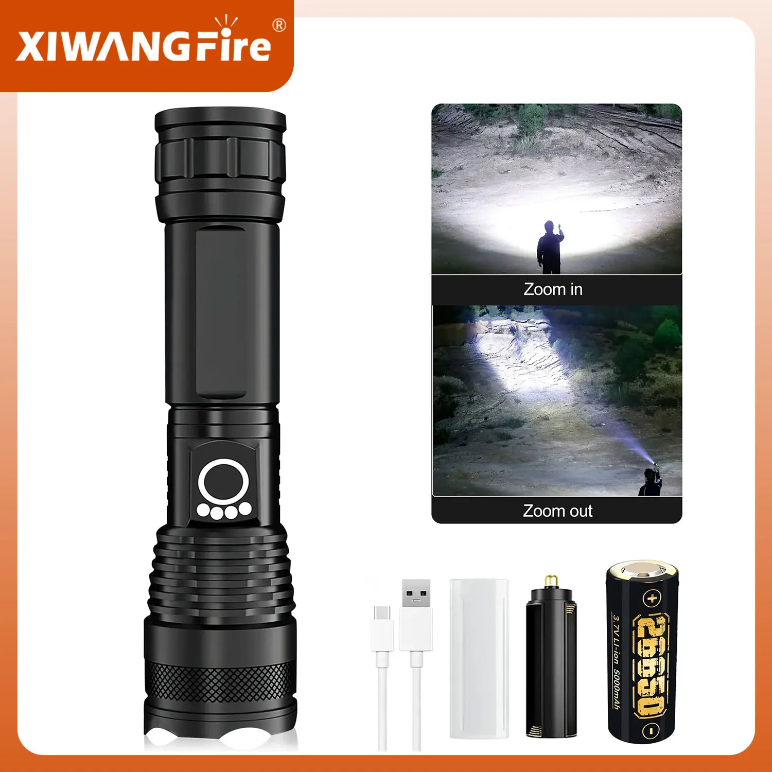 

Super Bright Flashlight With Power Display 5 Light Modes Portable Telescopic Zoom Rechargeable Torch IP46 Waterproof For Outdoor