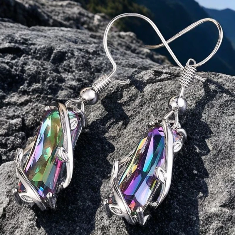 European and American Colorful Rectangular Water Drop Zircon Earrings, Bridal Wedding Design, Attendance Banquet Accessories
