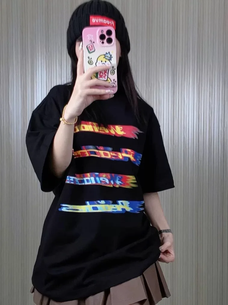 

Тяжелая футболка из чистого хлопка, 320 г, американский с небольшим воротником, модная свободная футболка для пар, мужская дышащая повседневная хлопковая футболка...